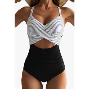 Eomenie One Piece Swimsuit Medium Black White New Tummy Control Twist Cutout